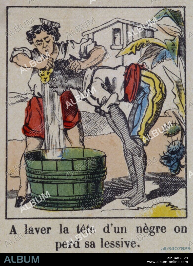 French caricature illustration, circa 1860 of a racist depiction of an African being washed in an effort to change the colour of his skin..