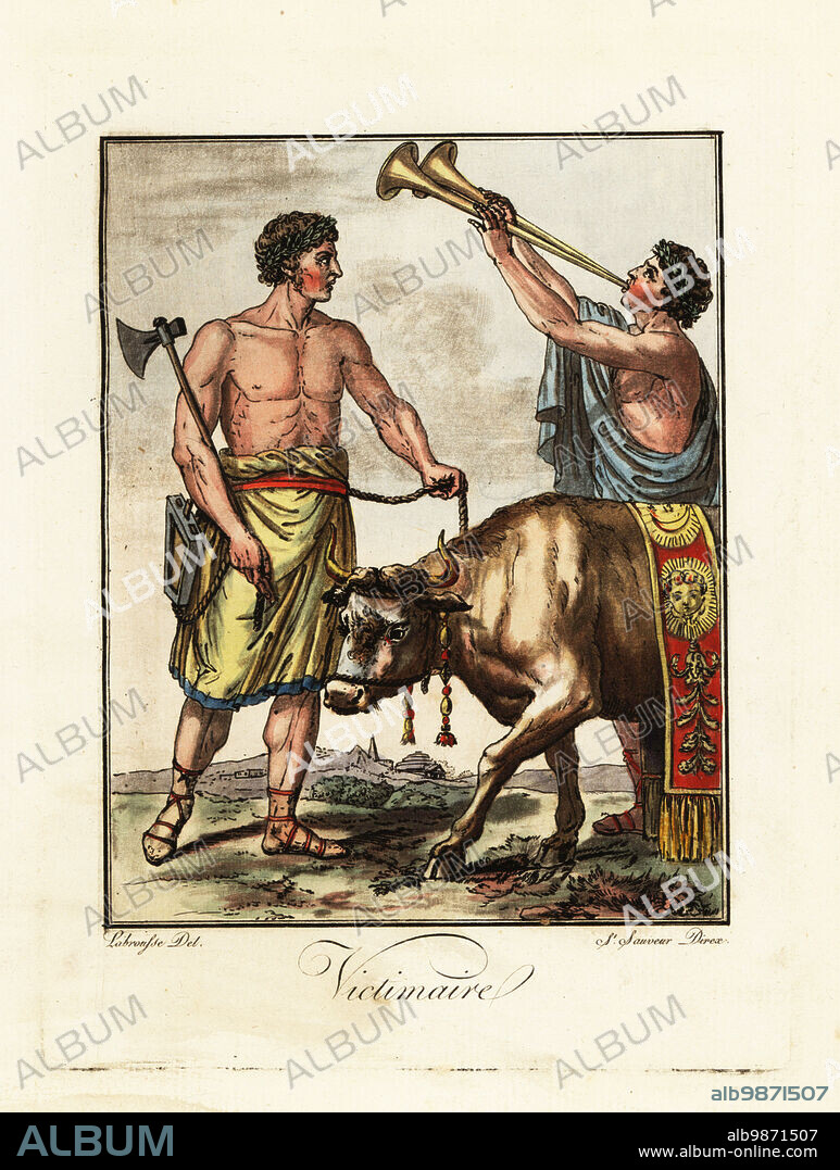 Victimarius, an assistant at a ritual sacrifice, ancient Rome. He carries an axe, wears an apron or limus, and leads a bull by a rope. A musician plays the tibia or aulos. Victimaire. Handcoloured copperplate drawn and engraved by L. Labrousse, artist of Bordeaux, under the direction of Jacques Grasset de Saint-Sauveur from his Lantique Rome, ou description historique et pittoresque, Ancient Rome, or historical and picturesque description, Chez Deroy, Paris, 1796.