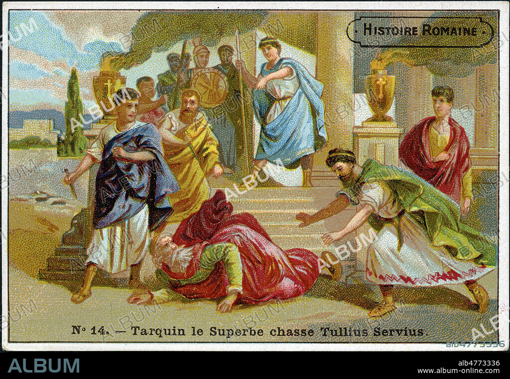 TARQUIN le Superbe (mort en -495) chasse et fait tuer Servius TULLIUS (mort en -535) . Illustration anonyme vers 1890 pour un chromo publicitaire de la serie Histoire romaine. Credit : Coll. Jonas/KHARBINE-TAPABOR.