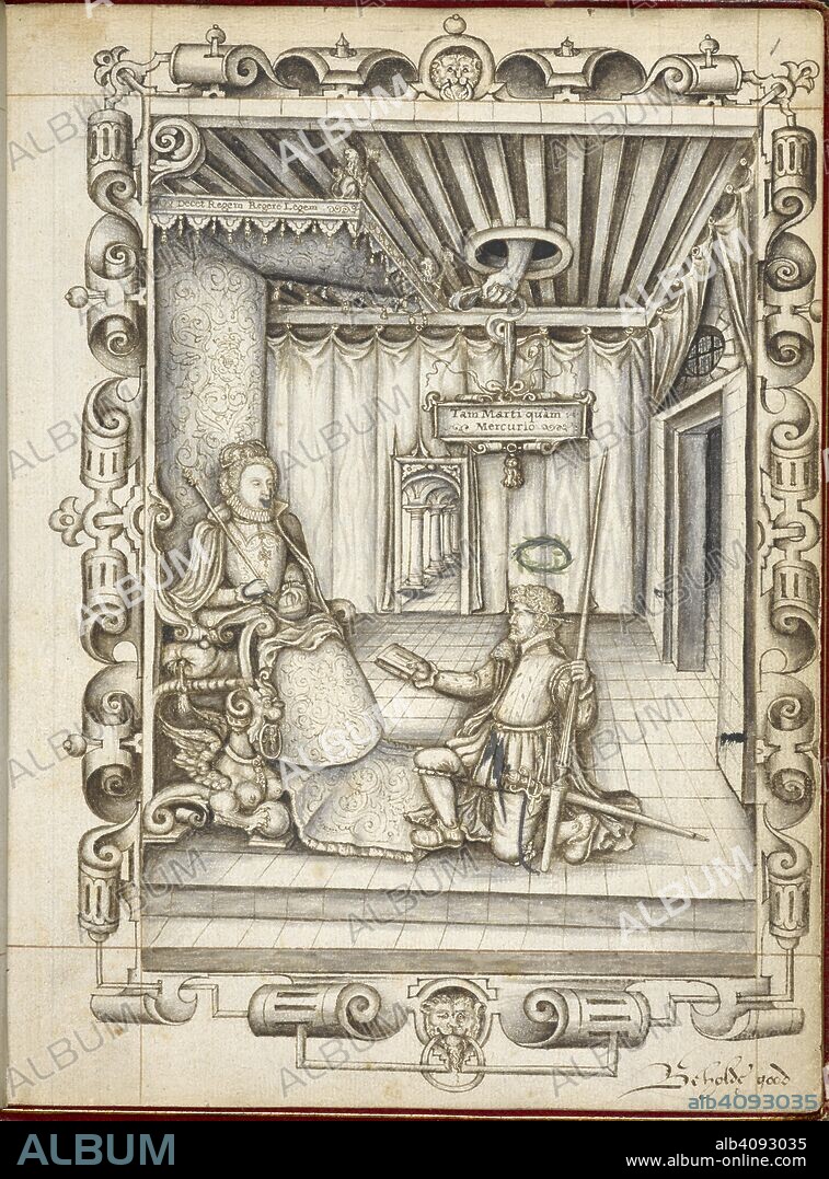 A drawing in pen and ink of George Gascoigne with sword and pen and attire half military, half scholarly, and a laurel wreath floating over his head, presenting his book to Queen Elizabeth I; and other emblematical drawings (with verses in the case of the Italian and French). George Gascoigne (c. 1535 â€“ 7 October 1577) was an English poet, soldier and courtier. At Woodstock in 1575 he delivered a prose speech before Elizabeth. 'THE TALE of Hemetes the heremyte pronownced before the Q. Maiesty att Woodstocke, 1575', by George Gascoigne (d. 1577), in Euphuistic prose. 1575. Source: Royal 18 A.XLVIII f.1.