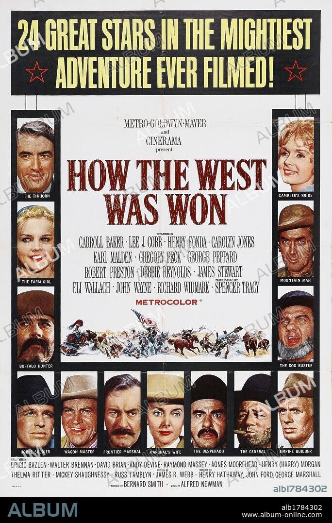 Poster of HOW THE WEST WAS WON, 1962, directed by GEORGE MARSHALL, HENRY HATHAWAY, JOHN FORD and RICHARD THORPE. Copyright M.G.M/CINERAMA.