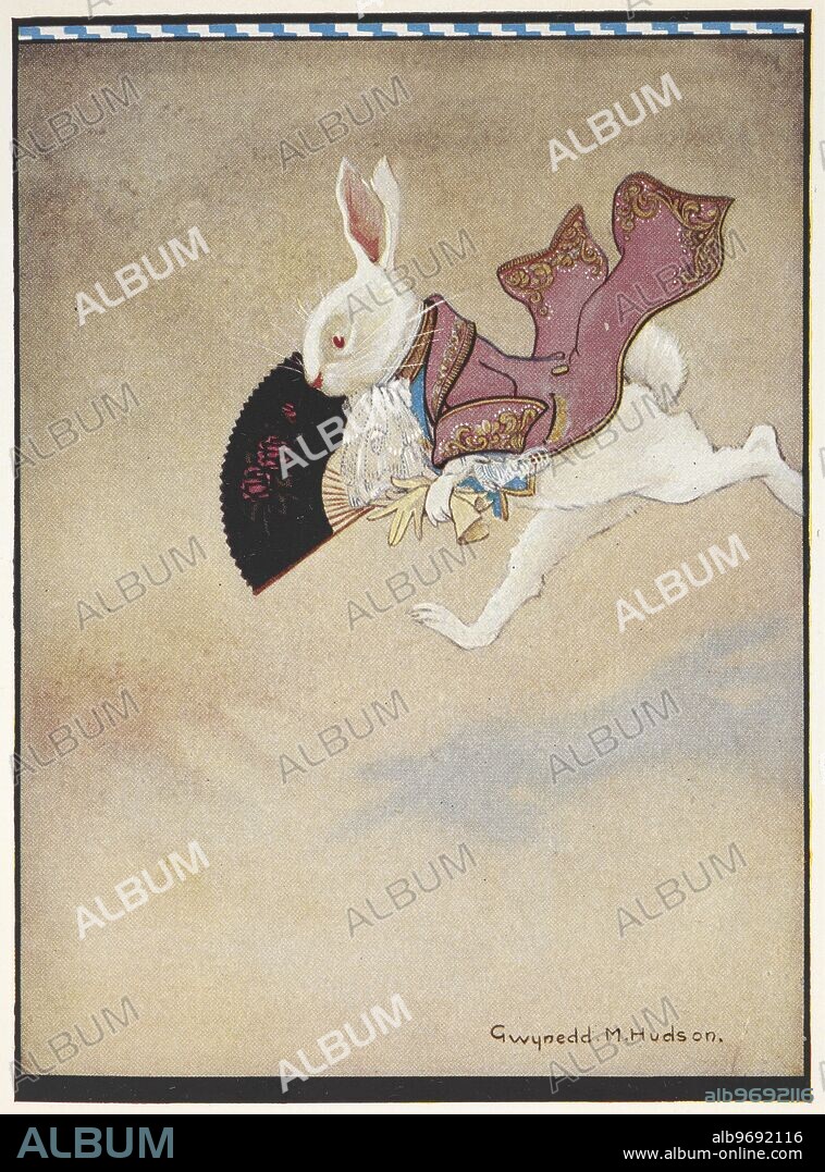 The White Rabbit running along wearing a red frock coat and carrying a fan,'The White Rabbit, splendidly dressed, came trotting along in a great hurry.'.