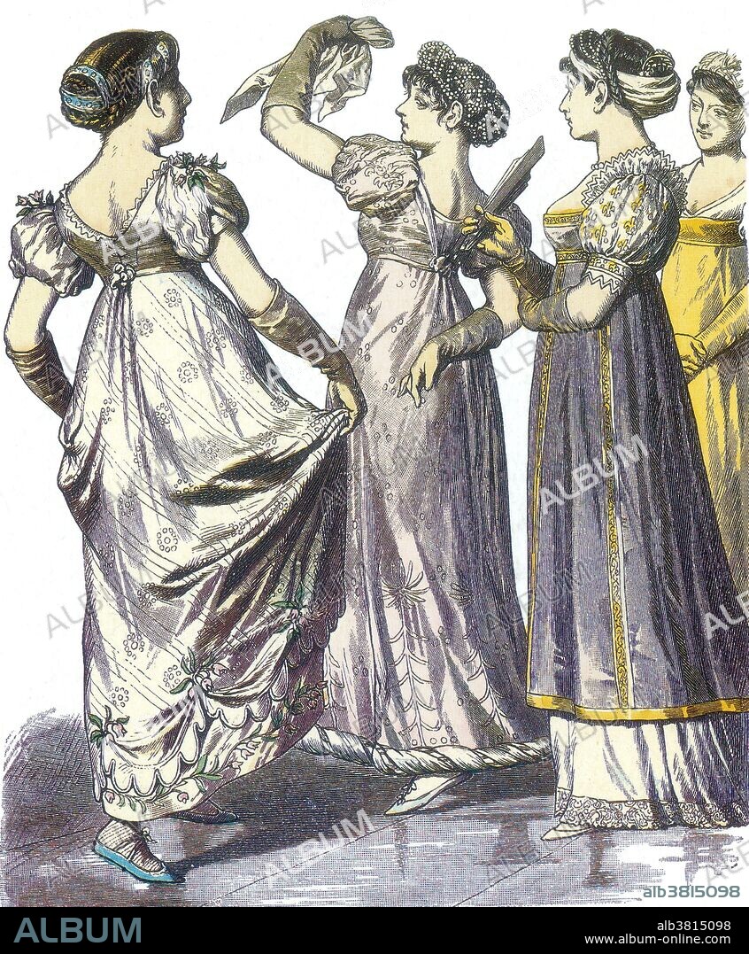 Entitled: "French women with different costumes from 1808-09 published in Munchener Bilderbogen, 1878." Fashion is a distinctive and often habitual trend in the style in which a person dresses. It is the prevailing styles in behavior and the newest creations of textile designers. Prior to the mid-19th century, most clothing was custom-made. It was handmade for individuals, either as home production or on order from dressmakers and tailors. By the beginning of the 20th century, with the rise of new technologies such as the sewing machine, the development of the factory system of production, and the emergence of department stores, clothing had increasingly come to be mass-produced in standard sizes and sold at fixed prices.