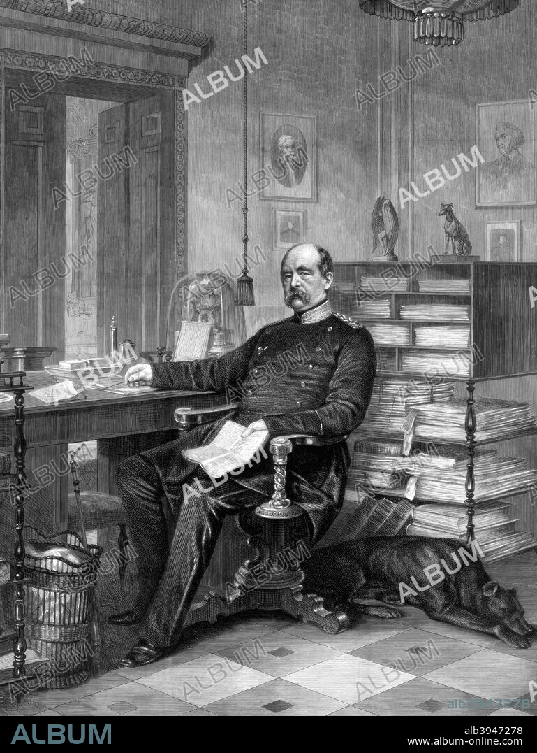 Prince Otto von Bismarck (1815-1898), 1875. Otto Eduard Leopold, Prince of Bismarck, Duke of Lauenburg, Count of Bismarck-Schönhausen, was a Prussian and German statesman of the 19th century. As Minister-President of Prussia from 1862 to 1890, he engineered the Unification of Germany. From 1867 on, he was Chancellor of the North German Confederation. When the second German Empire was declared in 1871, he served as its first Chancellor, gaining the nickname Iron Chancellor. From an extra supplement of The Illustrated London News (16 January 1875).