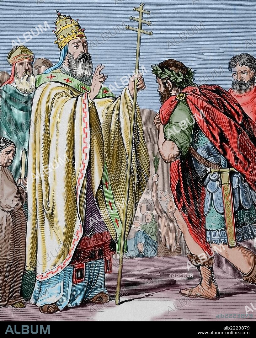 JUAN I (470-526). Papa número 53 de la Iglesia Católica entre 523-526. Considerado santo. Murió martirizado por orden del rey ostrogodo Teodorico el grande. Grabado de Coderch. "Año Cristianao", 1852. Coloreado.