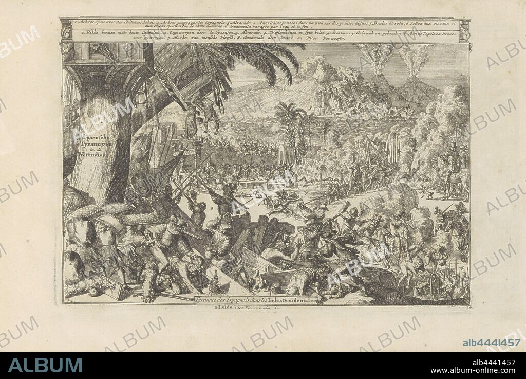 Spanish atrocities in the West Indies Spaensche Tyrannys in the West Indies / Tyrannie des Espagnols dance les Indes Occidentales (title on object) Les Indes Orientales and Occidentales et autres lieux (series title), Spanish atrocities in the West -India. On the left, a tree with a wooden house is overthrown by the Spaniards. Countless local residents are being massacred. Among other things, they are driven into a pit with pointed stakes. Pedro de Alvarado, a Spanish conquistador, stands among the atrocities. Behind him, some people are eaten by birds and dogs. Guatemala is destroyed by water and fire. With a legend in Dutch and French. The print is part of an album, violent death, being killed, being mishandled and maltreated, seeking death, West Indies, Guatemala, Pedro de Alvarado, Romeyn de Hooghe, Leiden, 1682 - 1733, paper, etching, h 213 mm × w 301 mm.