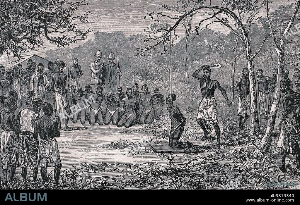 The execution of slaves by beheading by the Bakuti; near Equator Station; The victim's head is attached to a branch of a tree with a rope; which catapults the severed head into the air after the beheading with the axe; Historic; digitally restored reproduction from a 19th century original.