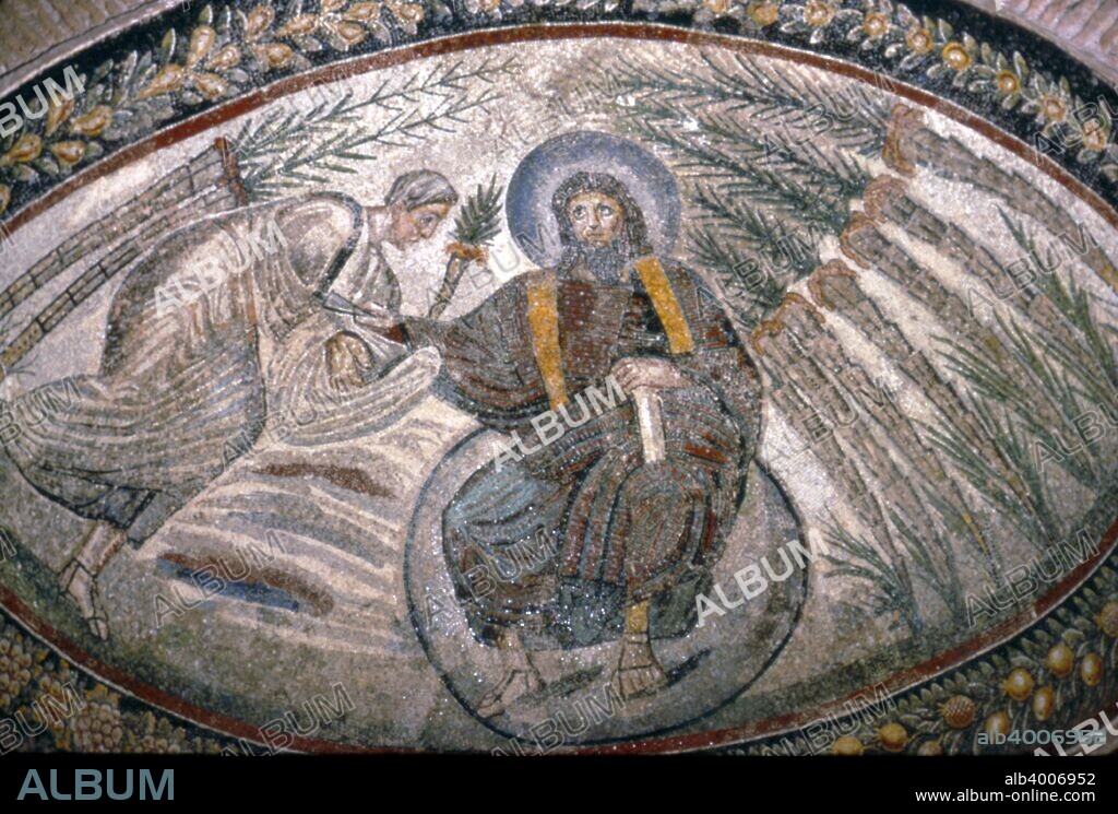 Christ seated on Globe surrounded by Palms, Church of Santa Costanza, Rome, c 4th century.  Apse Mosaic in the South Aisle of Sta. Constanza. The mosaics of Santa Costanza are important examples of Early Christian art.