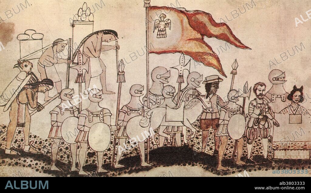 The Spanish conquest of the Aztec Empire was one of the most important campaigns in the Spanish colonization of the Americas. The invasion began in February 1519 and was acclaimed victorious on August 13, 1521, by a coalition army of Spanish conquistadors and Tlaxcalan warriors led by Hernan Cortes and Xicotencatl the Younger against the Aztec Empire. Hernan Cortes de Monroy y Pizarro, 1st Marquis of the Valley of Oaxaca (1485-1547) was a Spanish Conquistador. The fall of the Aztec Empire brought large portions of mainland Mexico under the rule of the King of Castile in the early 16th century. CortÃ©s was part of the generation of Spanish colonizers that began the first phase of the Spanish colonization of the Americas. Cortes is identified as the third man from the front.