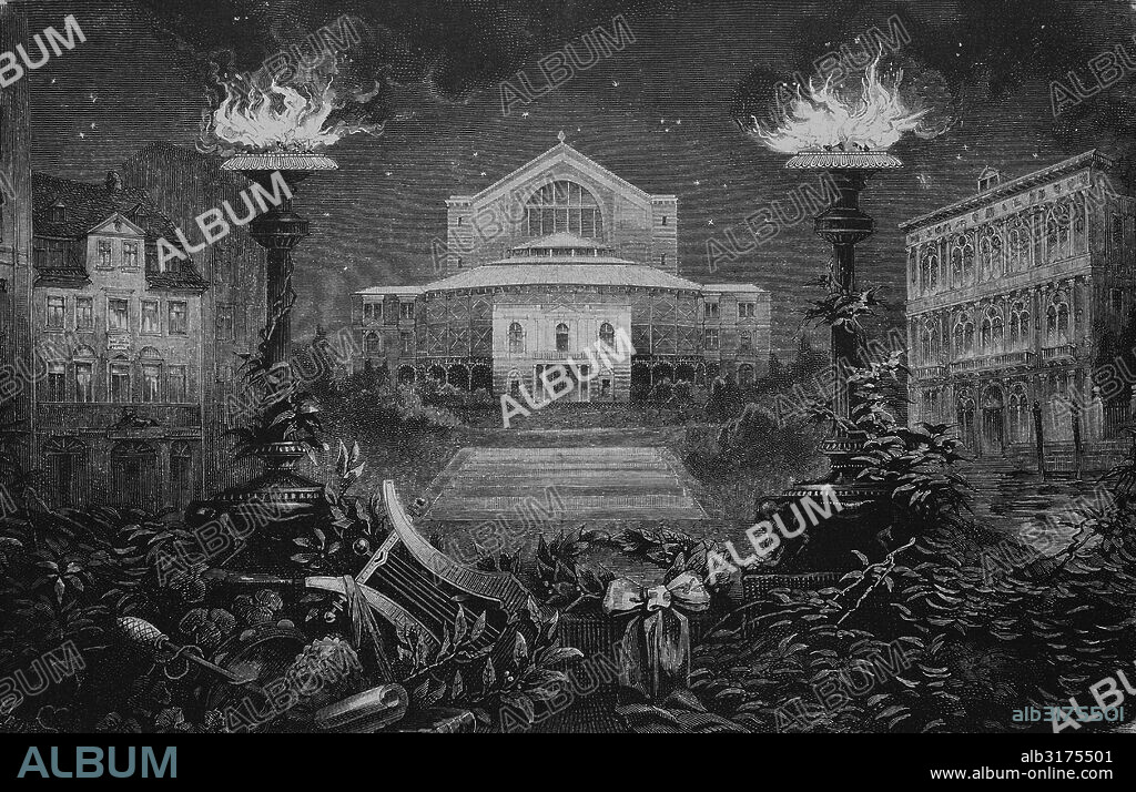 Richard wagner festspielhaus, bayreuth festival theatre, bayreuth, bavaria, germany, historical engraving, 1883.