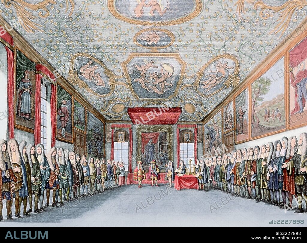 CARLOS VI DE HABSBURGO (1685-1740). Emperador del Sacro Imperio Romano Germánico (1711-1740), rey de Hungría, Bohemia, Nápoles y Sicilia y Archiduque de Austria. Pretendiente al trono español, lo que dio pie a la Guerra de Sucesión Española. 'PROCLAMACION DEL ARCHIDUQUE CARLOS COMO REY DE ESPAÑA EN 1706". Grabado coloreado.