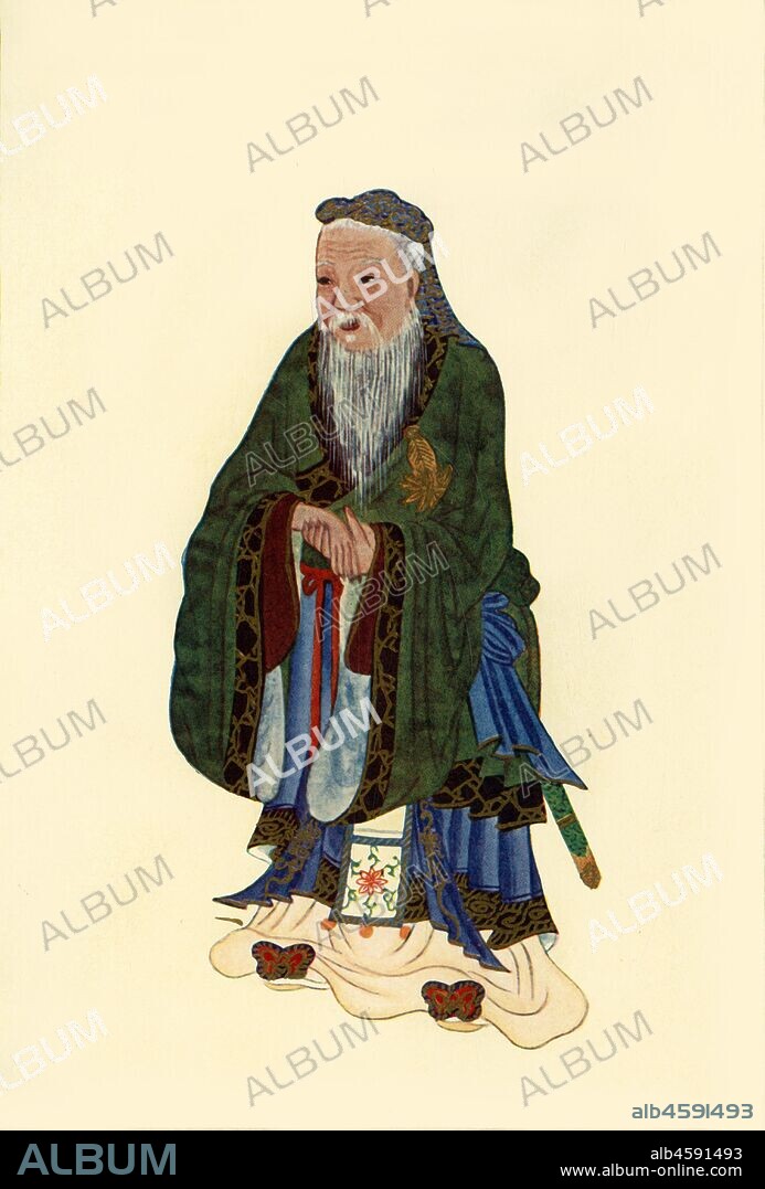 'Confucius: Teacher and Philosopher', 1922. Confucius (551-479 BC) Chinese philosopher and politician of the Spring and Autumn period. Confucianism, emphasized personal and governmental morality, correctness of social relationships, justice and sincerity. From "Myths and Legends of China", by E. T. C. Werner. [George G. Harrap & Co. Ltd., London, Calcutta, Sydney, 1922].