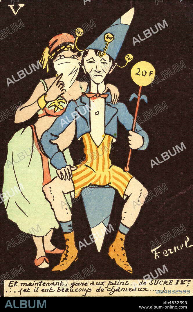'Et maintenant, gare aux pains... de sucre Ier... (et il eut beaucoup de chameaux...)'. Caricature de Jacques Ier Labaudy (1868-1919), serie sur sa rencontre avec une femme musulmane. Illustration par Fernel (1872-1934). Carte postale vers 1903. Credit : IM/KHARBINE-TAPABOR.