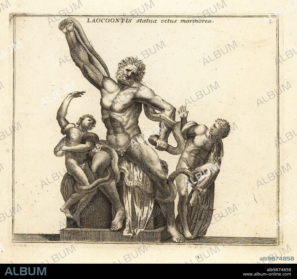 Statue of Laocoon and his Sons or Gruppo del Laocoonte, Vatican. Trojan priest Laocoön and his sons Antiphantes and Thymbraeus attacked by sea serpents. Laocoontis statua vetus marmorea. Copperplate engraving by Giovanni Battista Cannetti from Copperplates of the most beautiful ancient statues of Rome, Calcografia di piu belle statue antiche a Roma, engraved by Cannetti all'Arco della Ciambella, published by Gaetano Quojani, Rome, 1779.
