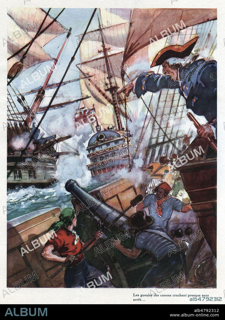 En mai 1746, Mahe de LA BOURDONNAIS (1699-1753) engage ses bateaux contre la flotte anglaise pres du Cap Comorin. Illustration de 1941 par Andre GALLAND (1886-1965) pour Les coloniaux francais illustres par Marcel SOUZY. ADAGP. Credit : Collection Jonas/Kharbine-Tapabor.