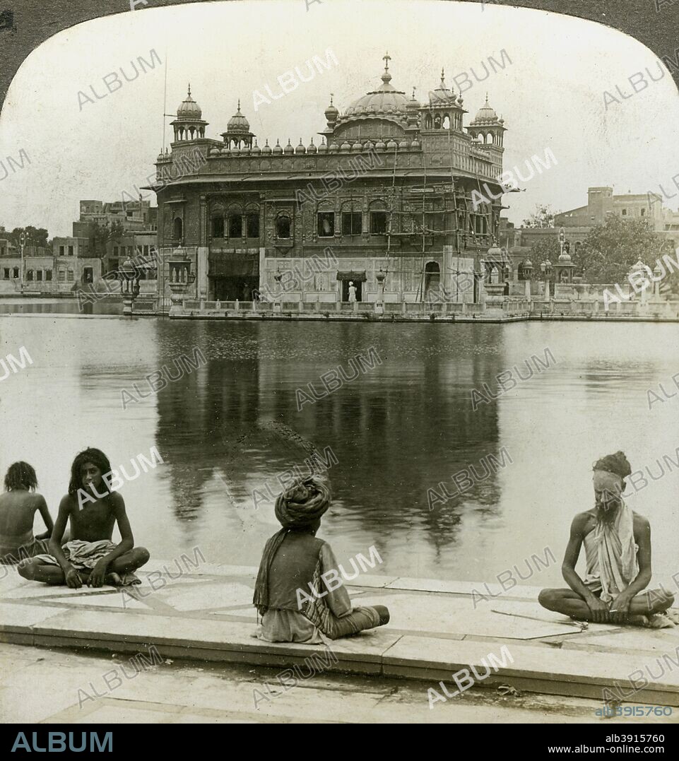 Fakirs at Amritsar, looking south across the Sacred Tank to the Golden Temple, India, c1900s(?). Stereoscopic card. The Golden Temple at Amritsar is the principal shrine of the Sikh religion. The temple was built between 1588 and 1601, during the time of the fifth Sikh Guru, Guru Anjan.