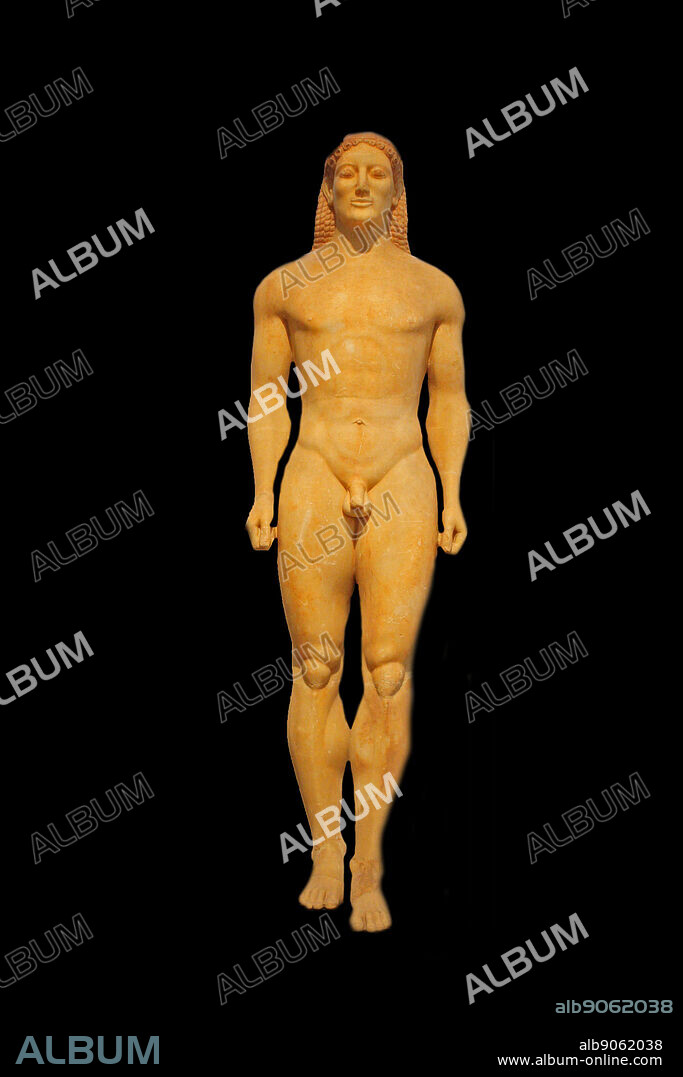 Statue of a kouros, Parian marble, found in Anavyssos, Attica. It had been stolen and taken to France from where it was returned in 1937. The body is powerful and articulate, with emphasized musculature. The statue was funerary and stood on the grave of Kroisos, as is indicated by the epigram on the base: 'Stop and mourn at the grave of dead Kroisos, whom the raging Ares destroyed when he fought among the defenders', about 530 B.C.