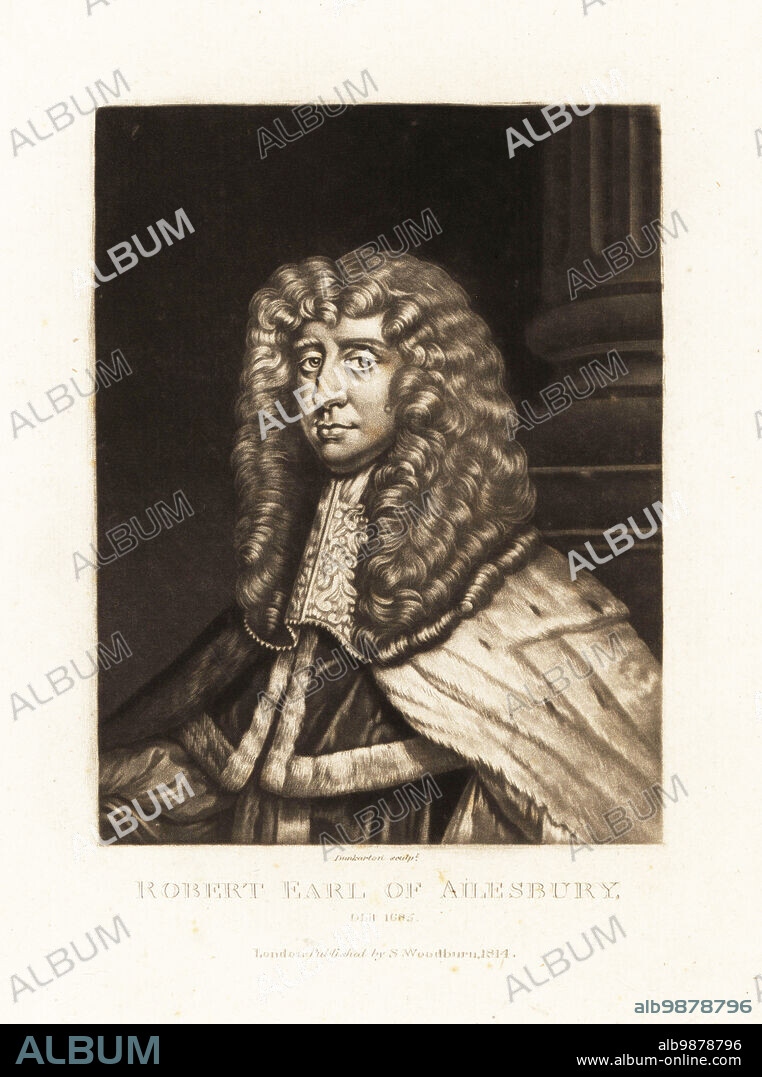 Robert Bruce, 1626-1685, 1st Earl of Ailesbury and 2nd Earl of Elgin, Scottish politician, Privy Counsellor and Gentleman of the Bedchamber to King Charles II. Mezzotint engraving by Robert Dunkarton after a portrait by Sir Peter Lely from Richard Earlom and Charles Turner's Portraits of Characters Illustrious in British History Engraved in Mezzotinto, published by S. Woodburn, London, 1814.
