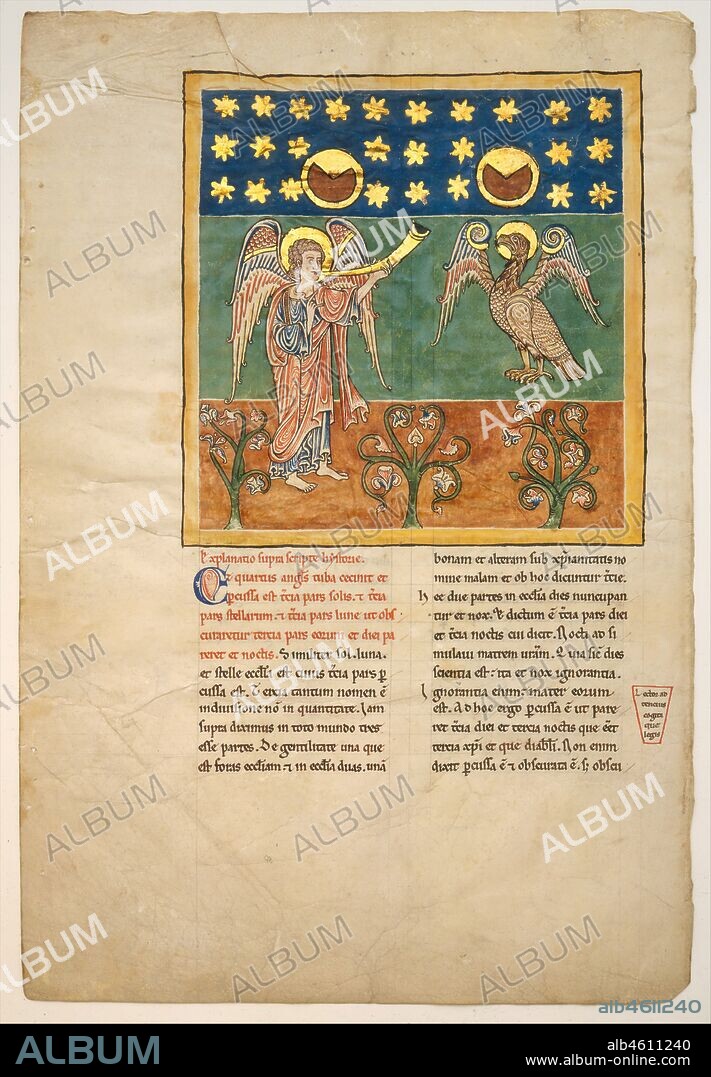 Leaf from a Beatus Manuscript: the Fourth Angel Sounds the Trumpet and an Eagle Cries Woe, ca. 1180. During the Apocalypse: the fourth angel sounds a trumpet as the sun, moon, and stars darken. Vision of the end of the world, as recorded by Saint John in the Apocalypse (Book of Revelation).