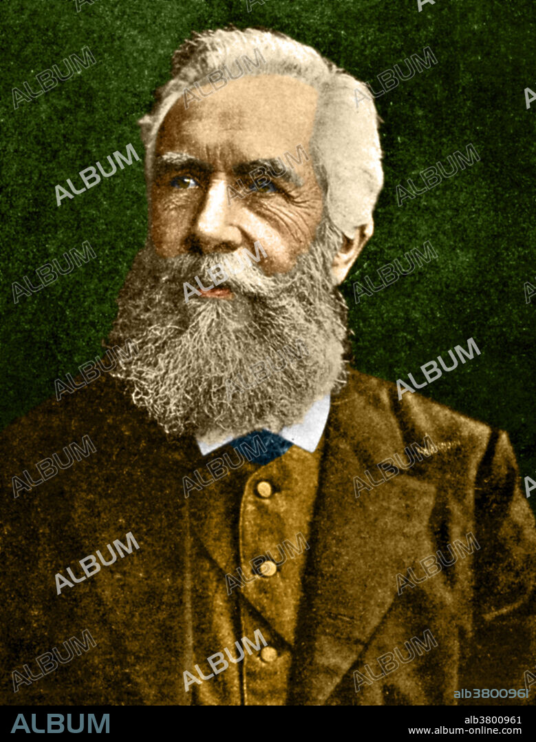Color enhanced portrait of Ernst Heinrich Philipp August Haeckel (1834-1919), an eminent German biologist, naturalist, philosopher, physician, professor and artist who discovered, described and named thousands of new species, mapped a genealogical tree relating all life forms, and coined many terms in biology, including anthropogeny, ecology, phylum, phylogeny, and the kingdom Protista. Haeckel promoted and popularized Charles Darwin's work in Germany.