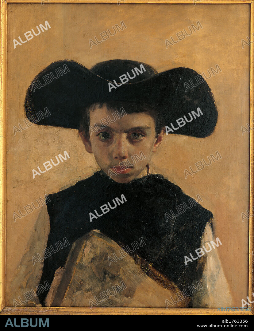The little priest, by Antonio Mancini, 1870, 19th Century, oil on canvas,. Italy, Campania, Naples, Capodimonte National Museum and Galleries. Full view. Portrait young priest boy hat book black suit black white beige brown. Authorization required for non editorial use.