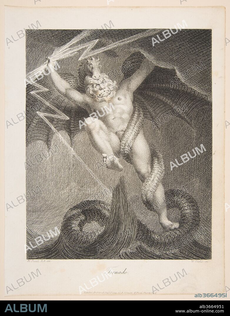 Tornado-Zeus Battling Typhon. Artist: After Henry Fuseli (Swiss, Zürich 1741-1825 London). Dimensions: image: 8 5/16 x 6 11/16 in. (21.1 x 17 cm)
sheet: 10 5/16 x 7 15/16 in. (26.2 x 20.2 cm). Engraver: William Blake (British, London 1757-1827 London). Publisher: John Johnson (London). Date: August 1, 1795.