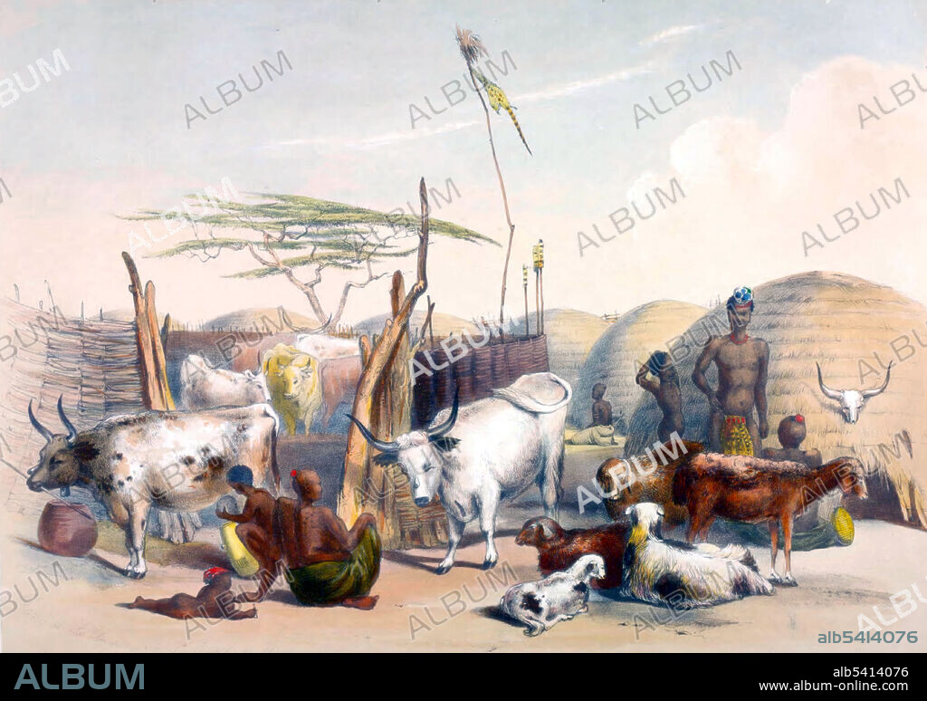 The term kraal primarily refers to the type of dispersed homestead characteristic of the Nguni-speaking peoples of southern Africa. Although from the period of colonization, European South Africans and historians commonly referred to the entire settlement as a kraal. Folds for animals and enclosures made specially for defensive purposes are also called kraals. George French Angas (April 25, 1822 - October 4, 1886) was an English explorer and painter. In 1846 Angas went to South Africa, where he spent two years in Natal and the Cape, working on a series of drawings and watercolors which were published in 1849 as The Kafirs Illustrated.