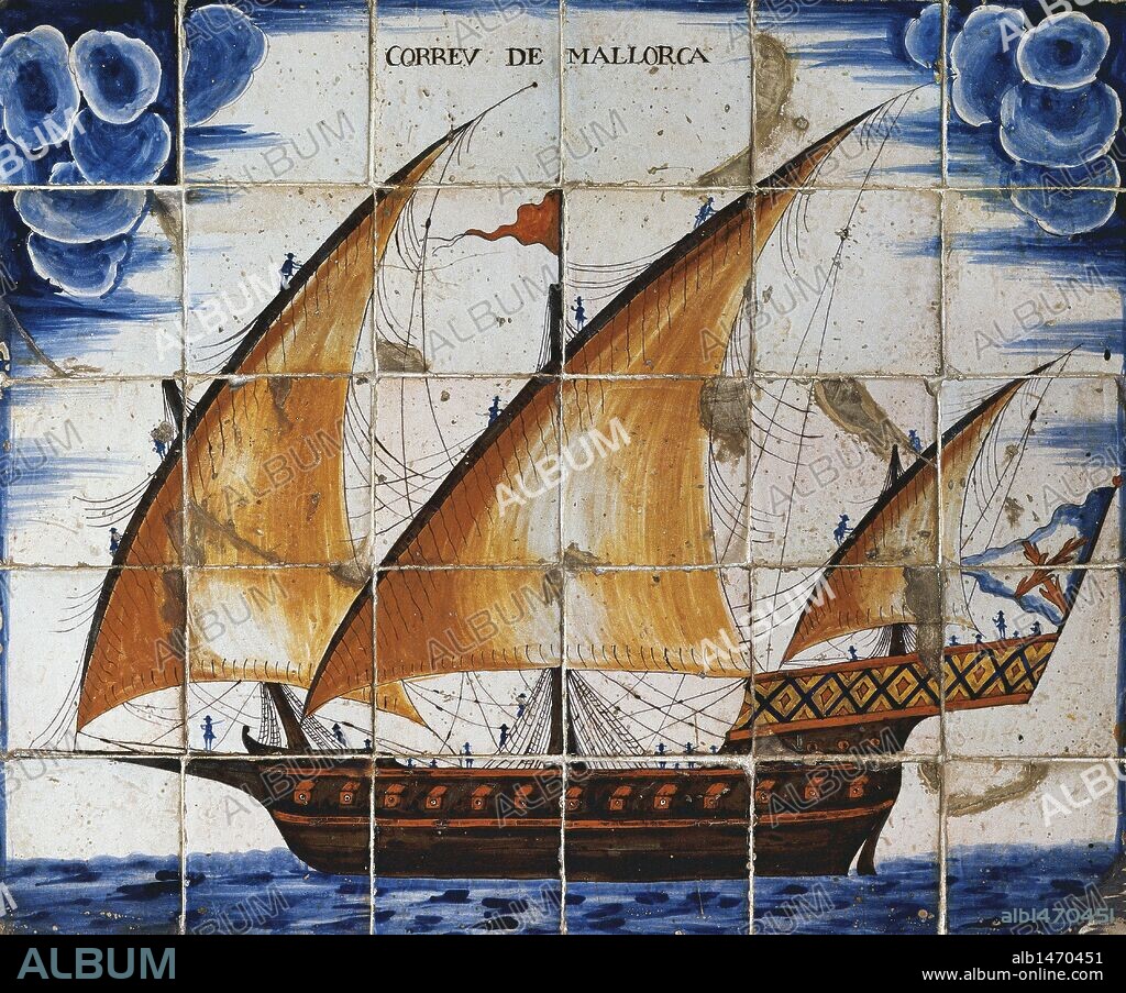 Cerámica catalana. Plafón donde se representa el "CORREO DE MALLORCA", nave del tipo "XABEC" (Jabeque) del siglo XVIII, de tres palos con velas latinas, y de origen árabe. Panel de 30 azulejos policromados. Museo Marítimo de Barcelona. Cataluña.