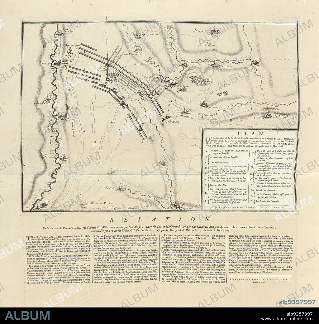 Battle of Ramillies, 1706, Plan De la situation où la Bataille de Ramillies s'est donnée par l'Armée des Alliés, commandée par Son Altesse le Duc de Marlborough (...) & Son Excellence Monsr. d'Ouverkerke, contre celle des deux Couronnes (...) le 23. du mois de May 1706 (title on object), Battle of Ramillies between the French and the Allies under the Duke of Marlborough and the Lord of Ouwerkerk, 23 May 1706. A piece of paper with the title and legend A-S is pasted on the cartouche in the lower right. The account of the battle in French is printed on the sheet below the plate. Part of a bundled collection of plans of battles and cities renowned in the War of the Spanish Succession., print maker: Jacobus Harrewijn (possibly), publisher: Eugene Henry Fricx (mentioned on object), Brussels, 1706, paper, etching, letterpress printing, height 620 mm × width 560 mm.