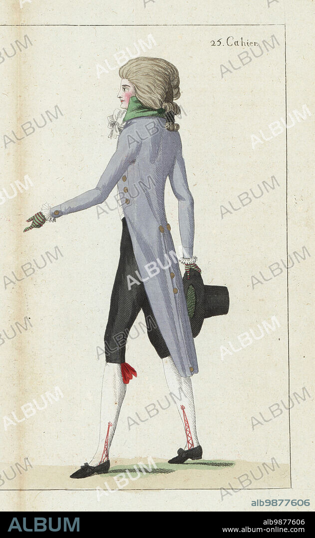 Young man with hair tied in a catogan, batiste cravatte, grey frock coat with green collar, cashmere culottes, silk hose embroidered in nakara, slippers with rosettes. Handcoloured copperplate engraving from Jean-Antoine le Brun or Lebrun-Tossas Journal de la Mode et du Gout, previously Cabinet des Modes, Chez Buisson, Paris, and Joseph le Boffe, London, 25me Cahier, 25 October 1790.
