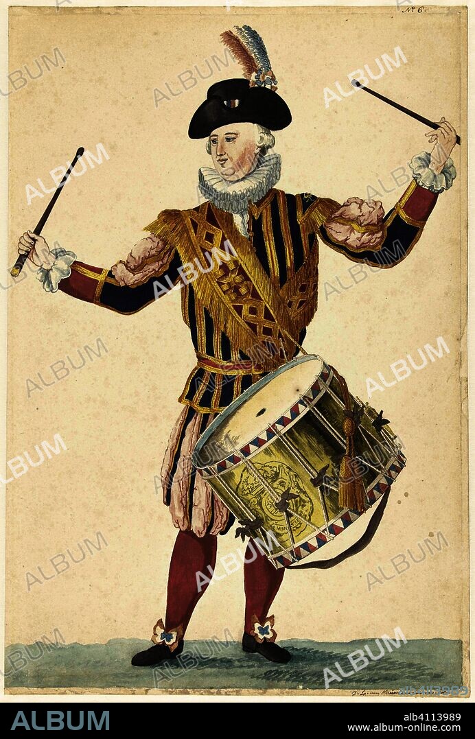Een tamboer van de Cent Suisses. Costumes van het hof van Willem V (series title). Draughtsman: Isaac Lodewijk la Fargue van Nieuwland. Dating: 1766. Measurements: h 390 mm × w 264 mm.