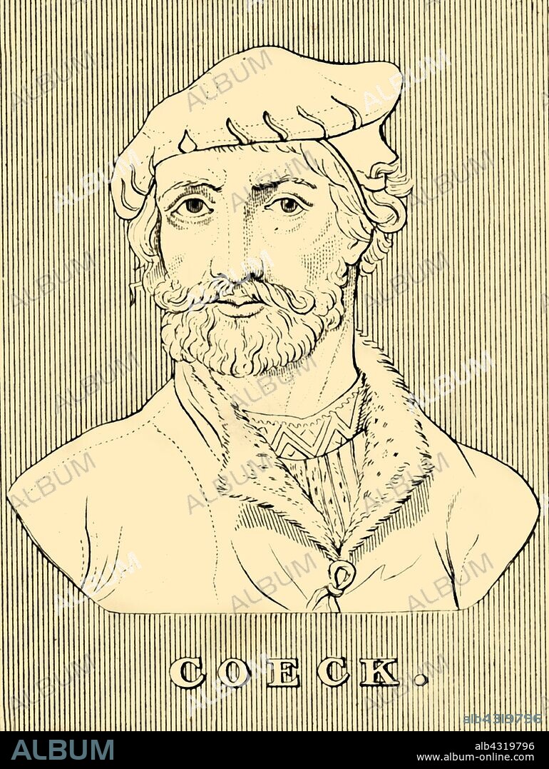 'Coeck', (1502-1550), 1830. Pieter Coecke van Aelst (1502-1550) Flemish painter, sculptor, architect, author and designer of woodcuts. Court painter to Charles V, Holy Roman Emperor. From "Biographical Illustrations", by Alfred Howard. [Thomas Tegg, R. Griffin and Co., J. Cumming, London, Glasgow and Dublin, 1830].
