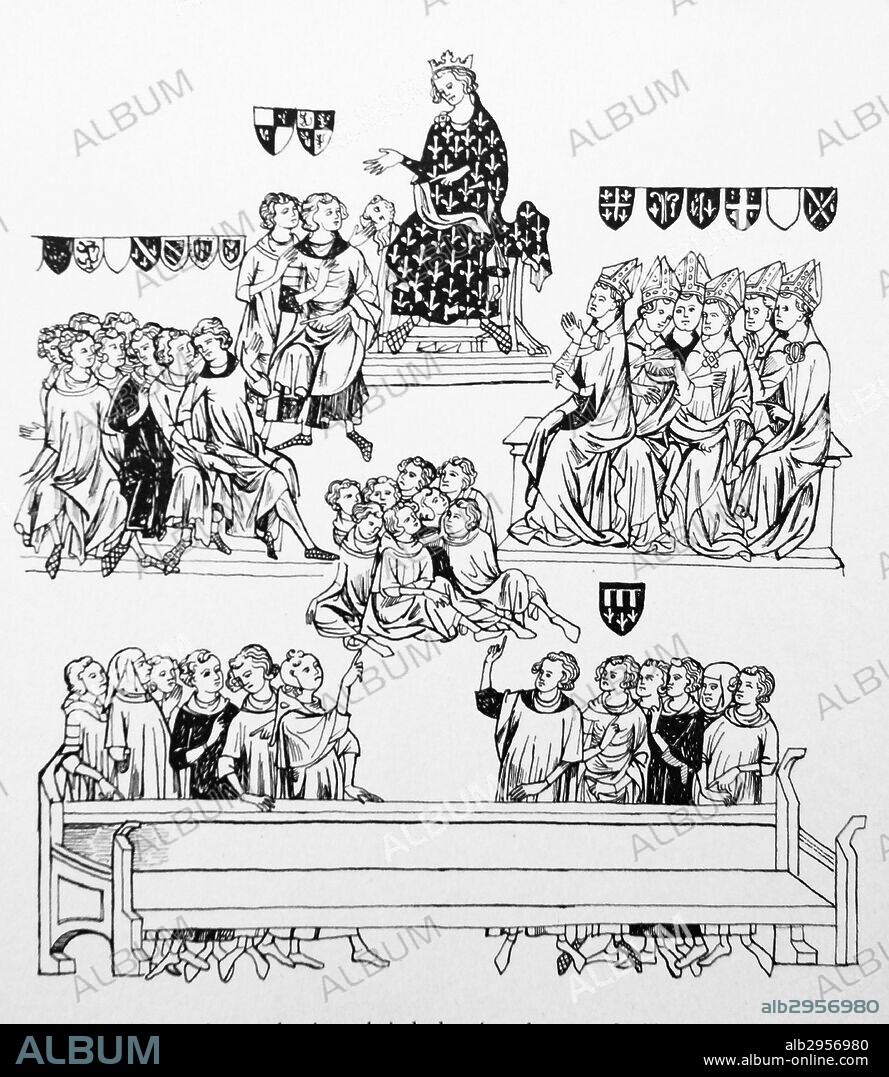 Miniature of King Philip the Fair, presiding over his bishops and laity. Dated 14th Century.