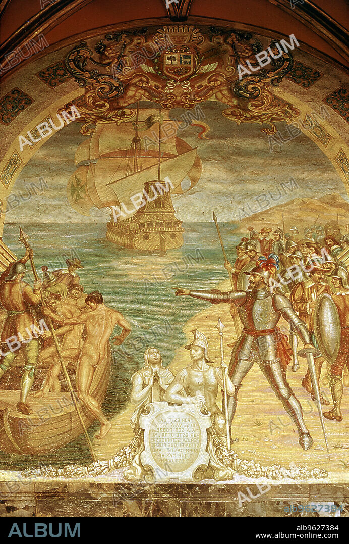 Francisco Pizarro (c1478-1541) Spanish conquistador. Pizarro and his soldiers on the island of Gallo. Pizarro conquered the empire of the Incas in 1532, claiming their lands for the King of Spain. In 1535 he founded the city of Lima, Peru. Pizarro was assassinated in 1541. Mosaic from Pizarro's tomb in Lima Cathedral.