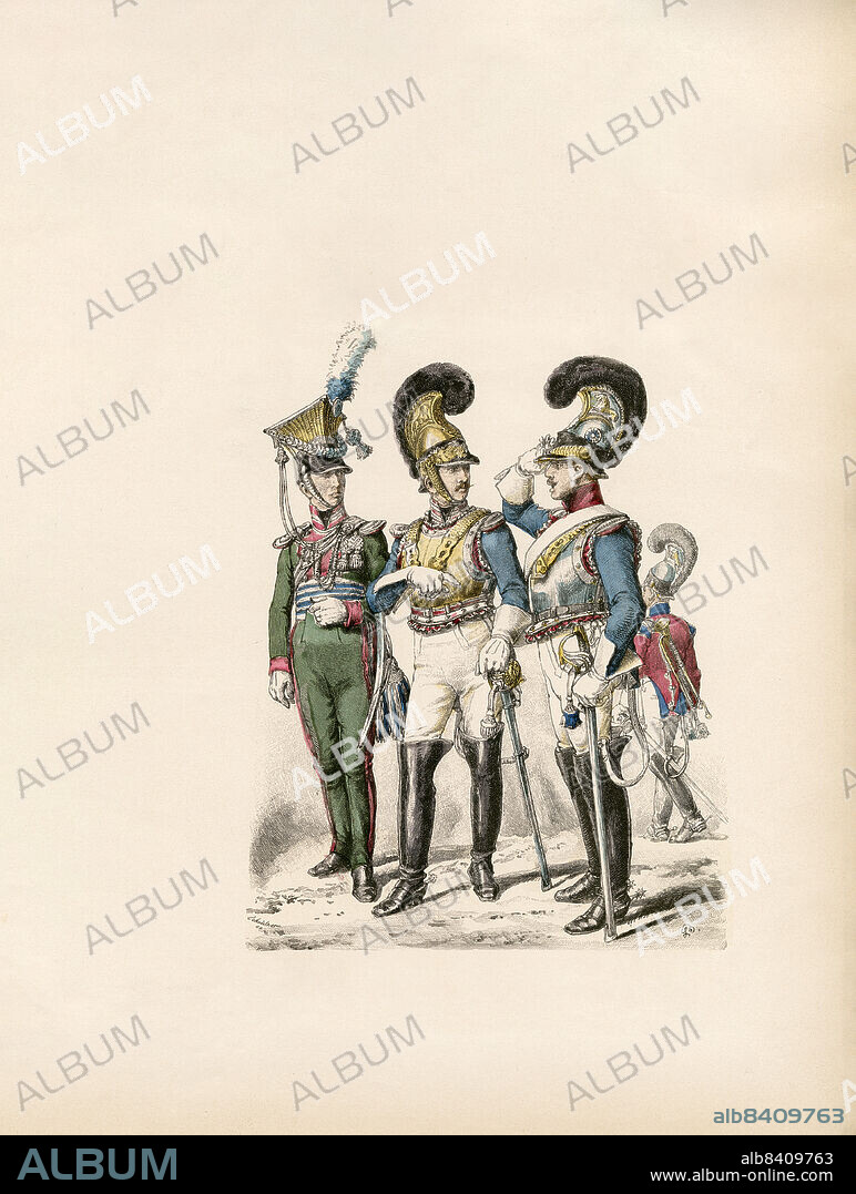Bavarian Army, Uhlan Officer Garde du Corps, Officer in the Private 1814-1823, Cuirassier Garde du Corps, Trumpeter of Corps in Gala, Illustration, The History of Costume, Braun & Schneider, Munich, Germany, 1861-1880.