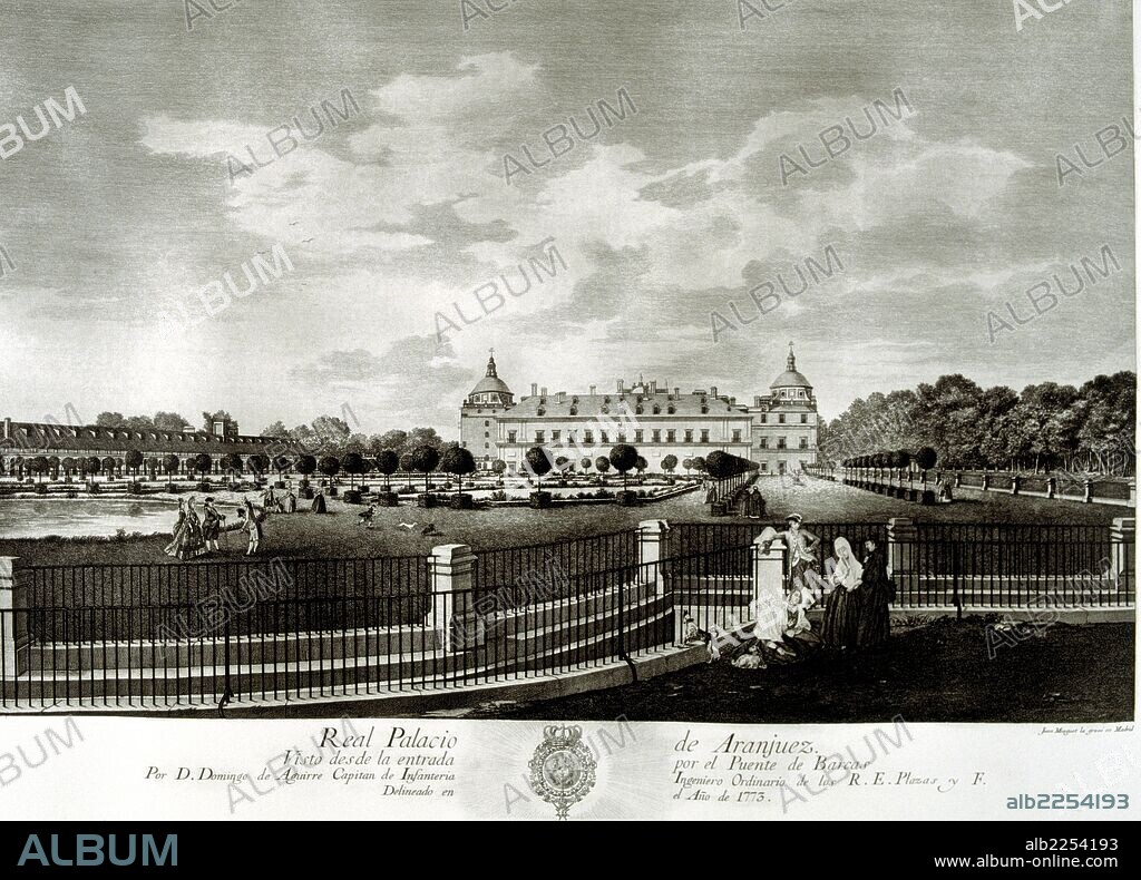 MADRID. ARANJUEZ. PALACIO REAL DE ARANJUEZ. VISTA TOMADA DESDE EL PUENTE DE BARCAS. DIBUJO DE DOMINGO AGUIRRE. MADRID 1773.