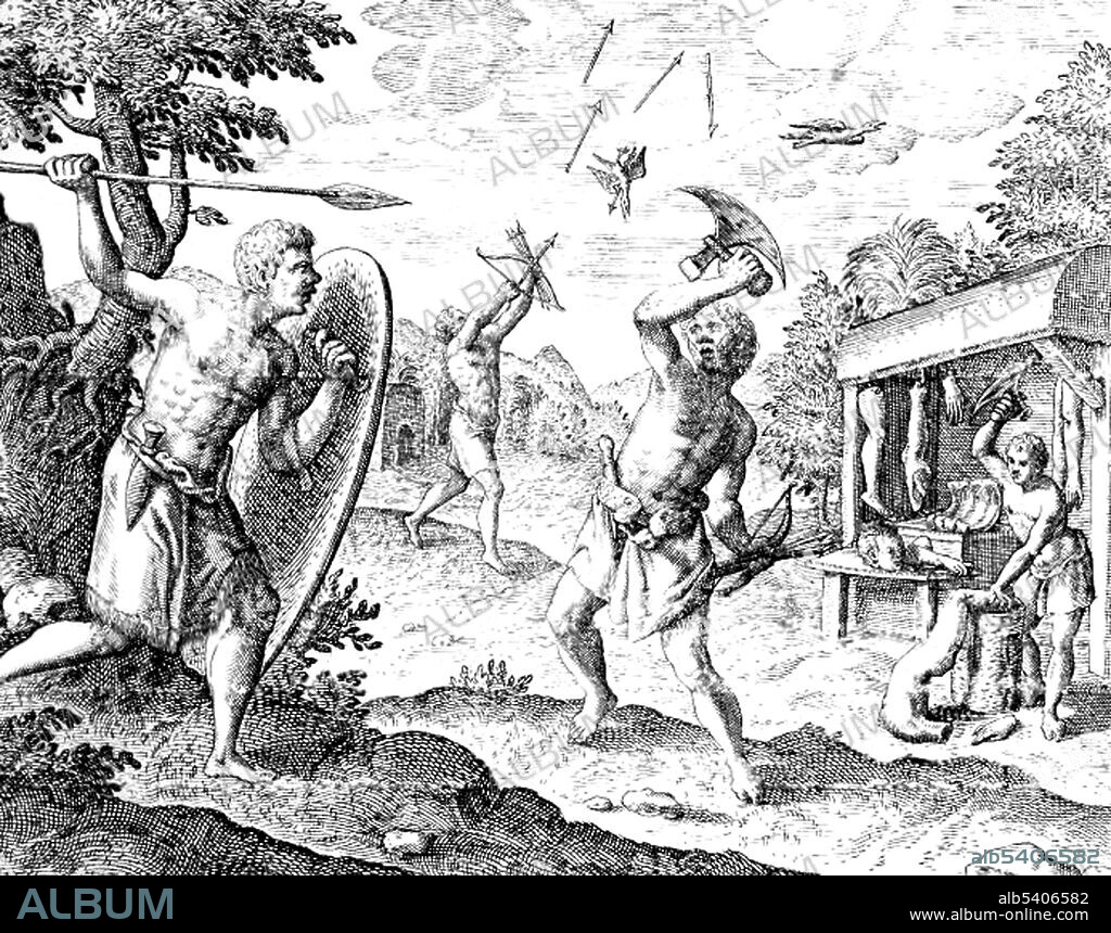 The Kasanje Kingdom, also known as the Jaga Kingdom, (1620-1910) was a pre-colonial Central African state. It was formed in 1620 by a mercenary band of Imbangala, which had deserted the Portuguese ranks. The origins of these people is still debated, but they are believed to have immigrated from the Lunda Empire, rejecting that state's political changes. The Imbangala were known to be notoriously cruel and also ritually cannibalistic.  Human cannibalism is the act or practice of humans eating the flesh or internal organs of other human beings. A person who practices cannibalism is called a cannibal. Engraving by Theodore de Bry, 1598. (cropped and cleaned).