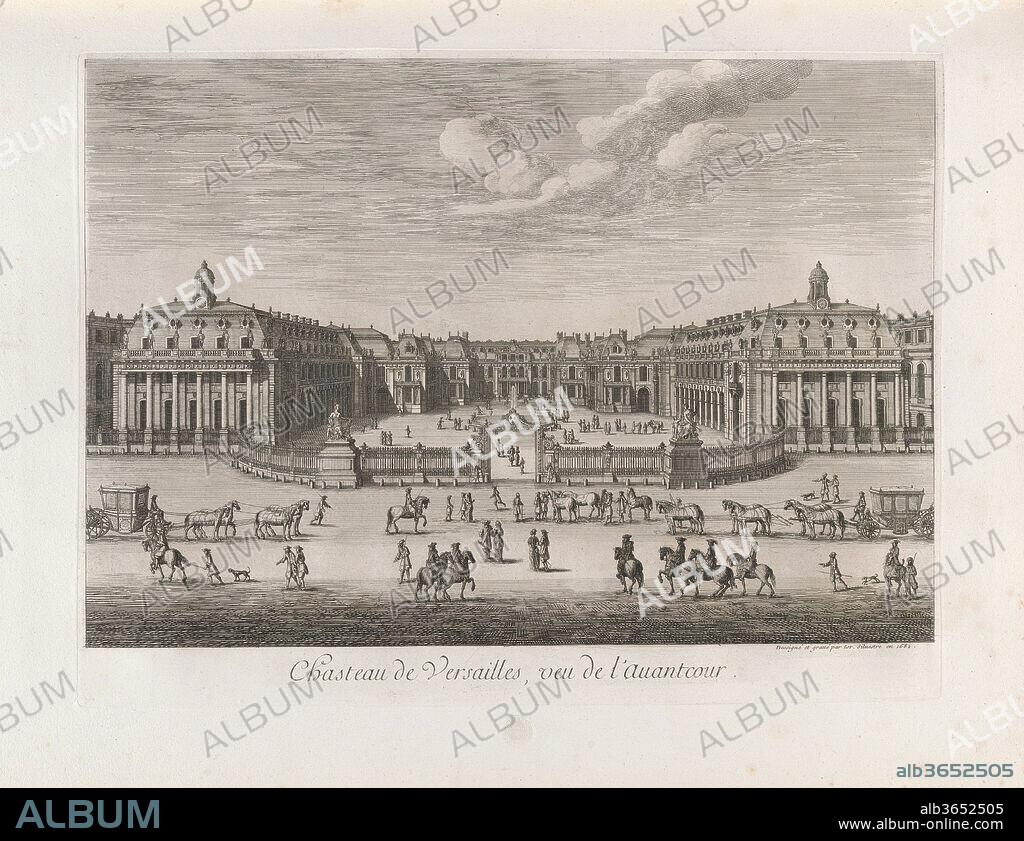 ISRAëL SILVESTRE. Château de Versailles seen from the forecourt, from Chalcographie du Louvre, Vol. 22. Artist: Israel Silvestre (French, Nancy 1621-1691 Paris). Dimensions: Plate: 14 15/16 x 19 13/16 in. (38 x 50.4 cm)
Sheet: 19 5/16 x 26 3/8 in. (49 x 67 cm). Date: 1682.
This engraving, showing the facade of the palace with its marble court and forecourt, dates to 1682, the year Louis XIV officially moved his court from Paris to Versailles.