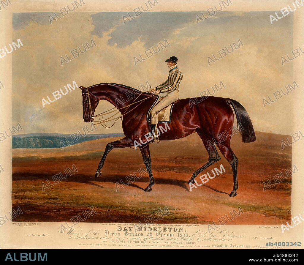 Edward Duncan, English, 18031882, After C. Hancock, 'Bay Middleton', Published July 1, 1836, Color aquatint on paper, Overall: 12 1/2 x 16 9/16 in. (31.8 x 42.1 cm).