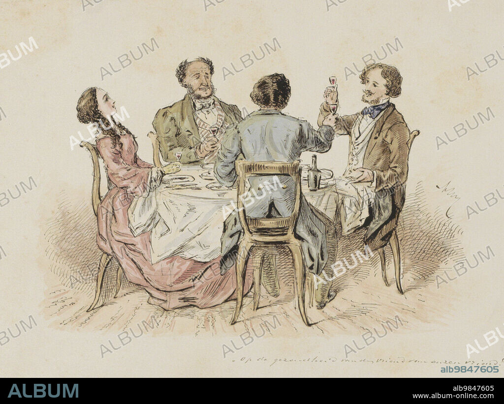 ALEXANDER VER HUELL. Four figures make a toast, c.1854-c.1887. Three men and a woman at a table raise their wine glasses.
