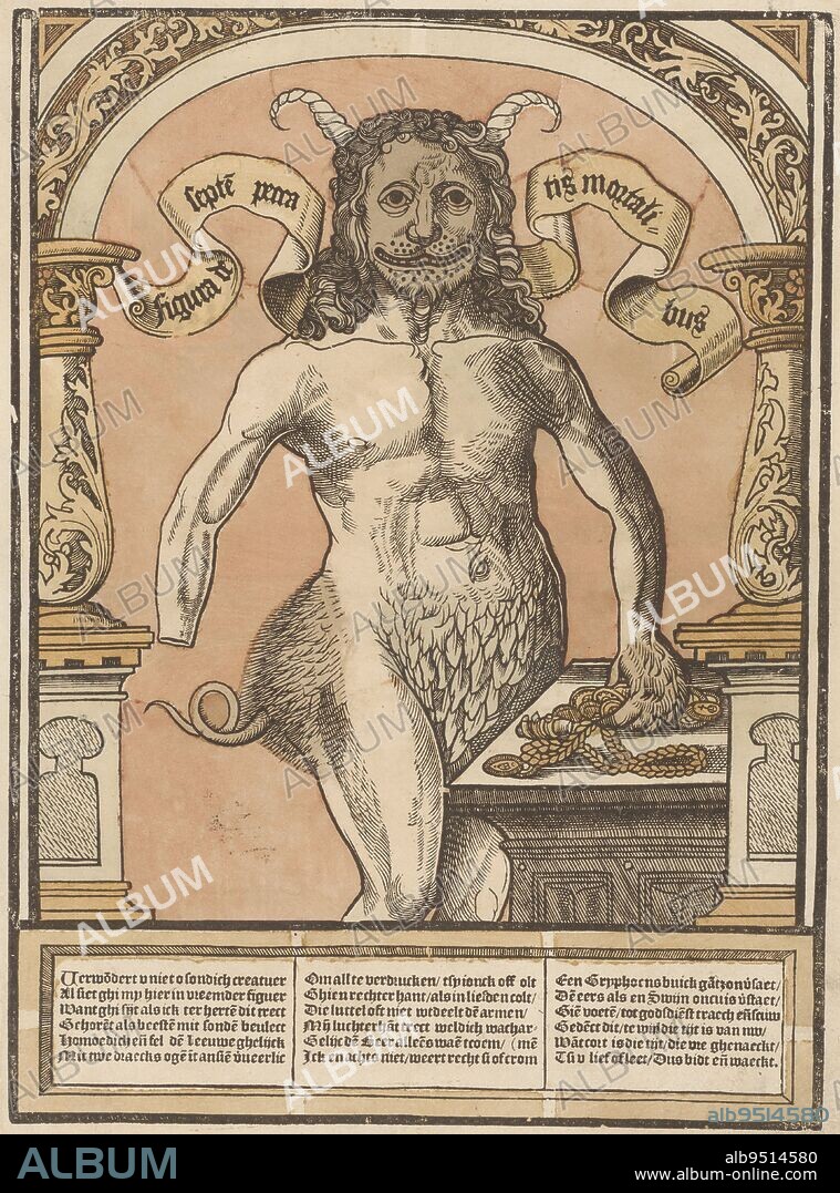 The Seven Deadly Sins, anonymous, 1540 - 1567, Devil figure composed of body parts of various animals, personifying the seven deadly sins. Standing in a niche. The lion's head symbolizes Pride, the dragon's eyes represent Wrath, the absence of the right hand represents Avarice, and the hindquarters of a boar represent Unchastfulness. On either side of the head the text: Figura de septe peccatis mortalibus. The way the monster is represented goes back in part to a poem by Hans Sachs: 'Der Eygennutz, das Grewlich Thier', 1535. Below text in Dutch in three columns., print maker: anonymous, publisher: Peter Warnerssen, (mentioned on object), print maker: Low Countries, publisher: Kampen, 1540 - 1567, paper, h 395 mm × w 278 mm.
