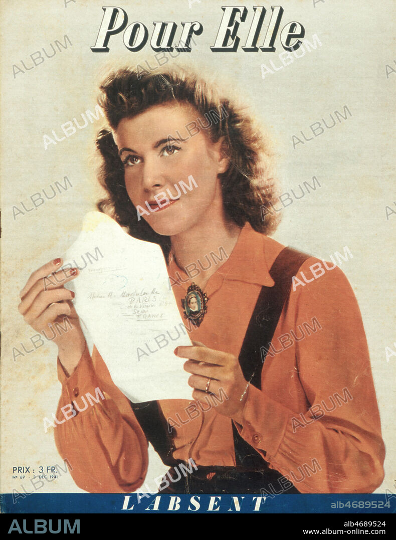 'L'absent' en couverture de la revue Pour Elle du 03/12/1941, femme qui ecrit a l'homme qui est au front. Magazine feminin presse feminine annees 40. Credit: Collection KHARBINE-TAPABOR.