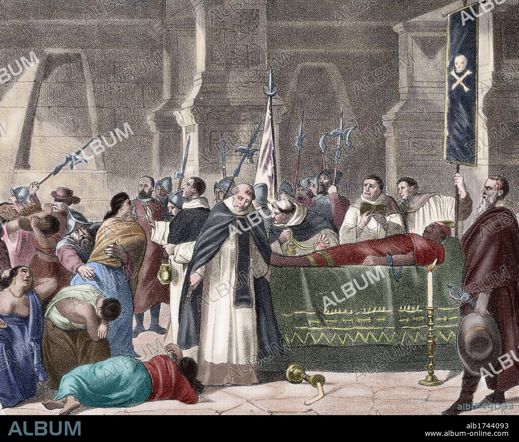 Atahualpa (1497-1533). Last Sapa Inca. Death of Atahualpa. Funeral. To the right of the picture, Francisco Pizarro dressed in mourning. Colored engraving.