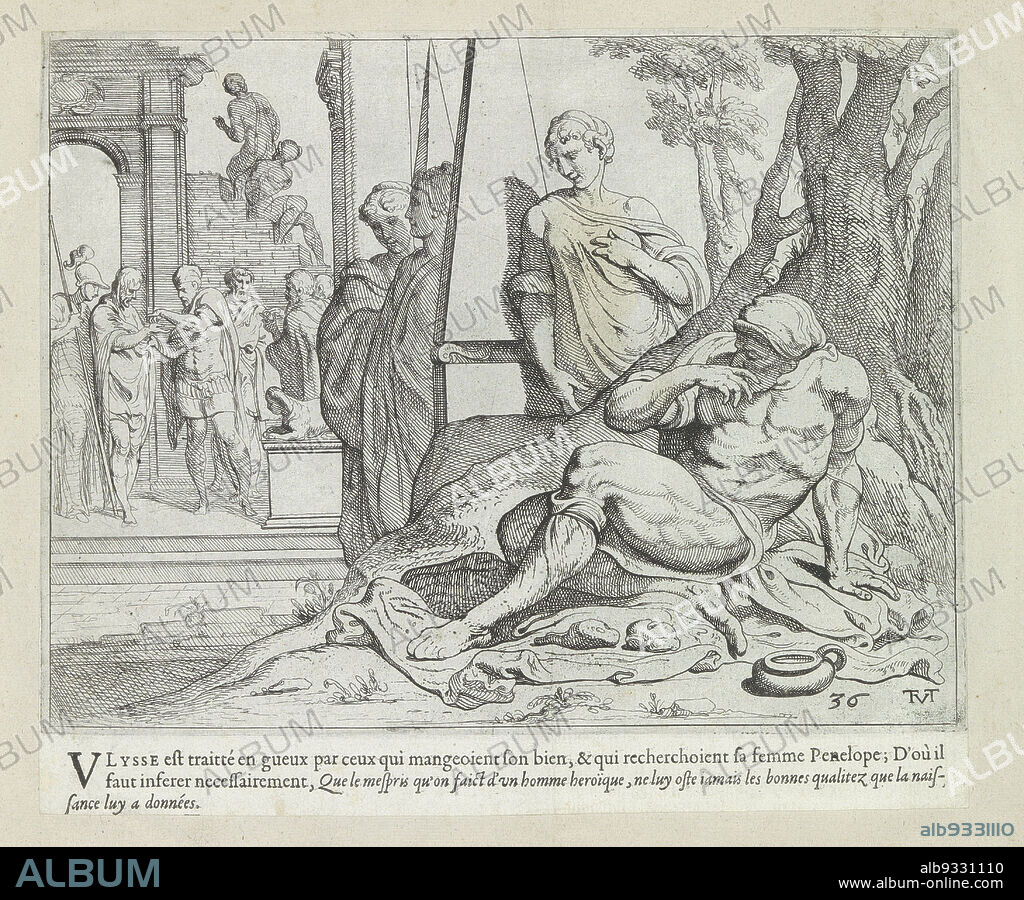 Odysseus as a beggar at the door of his house, Les Travaux d'Ulysse (series title), The works of Odysseus (series title), Odysseus sits as a beggar under a tree in front of his palace at Ithaca. The print is part of an album., print maker: Theodoor van Thulden (mentioned on object), intermediary draughtsman: Theodoor van Thulden, Paris, 1633, paper, etching, engraving, letterpress printing, height 216 mm × width 257 mm.