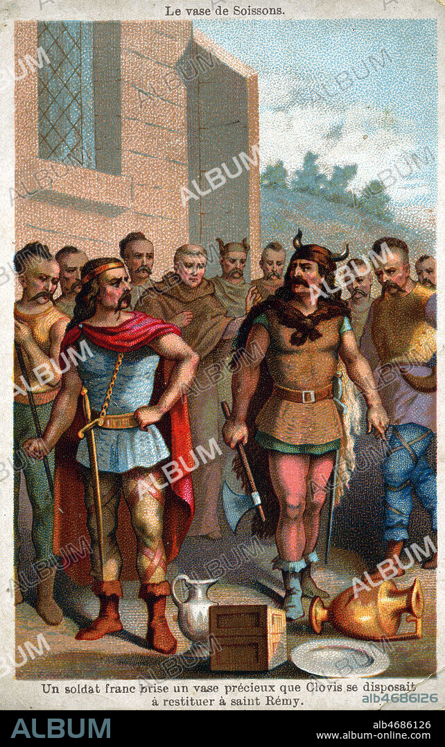'Le vase de Soissons : un soldat Franc brise un vase precieux que CLOVIS (466-511) se disposait a restituer a Saint Remy', en 486. Chromo publicitaire vers 1890. Illustration anonyme. Credit : Collection KHARBINE-TAPABOR.