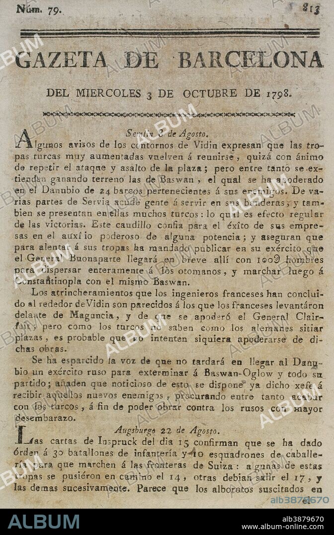 Gazeta de Barcelona, 3 de octubre de 1798. Núm. 79. Portada. Biblioteca Histórico Militar de Barcelona. Cataluña. España.