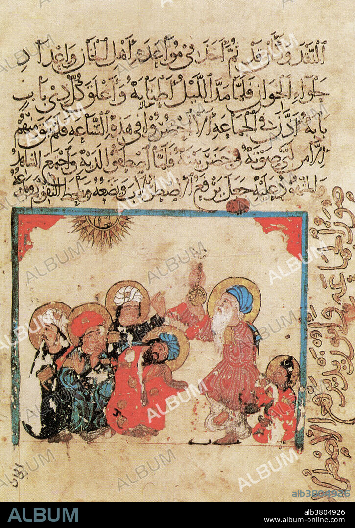 A 13th century illustration showing Arabic astronomers or astrologers using an astrolabe, an astronomical and navigational instrument, on a page from a manuscript entitled Les Maqamat d'Abou Mohammed al-Qasim Ibn Ali al-Hariri.