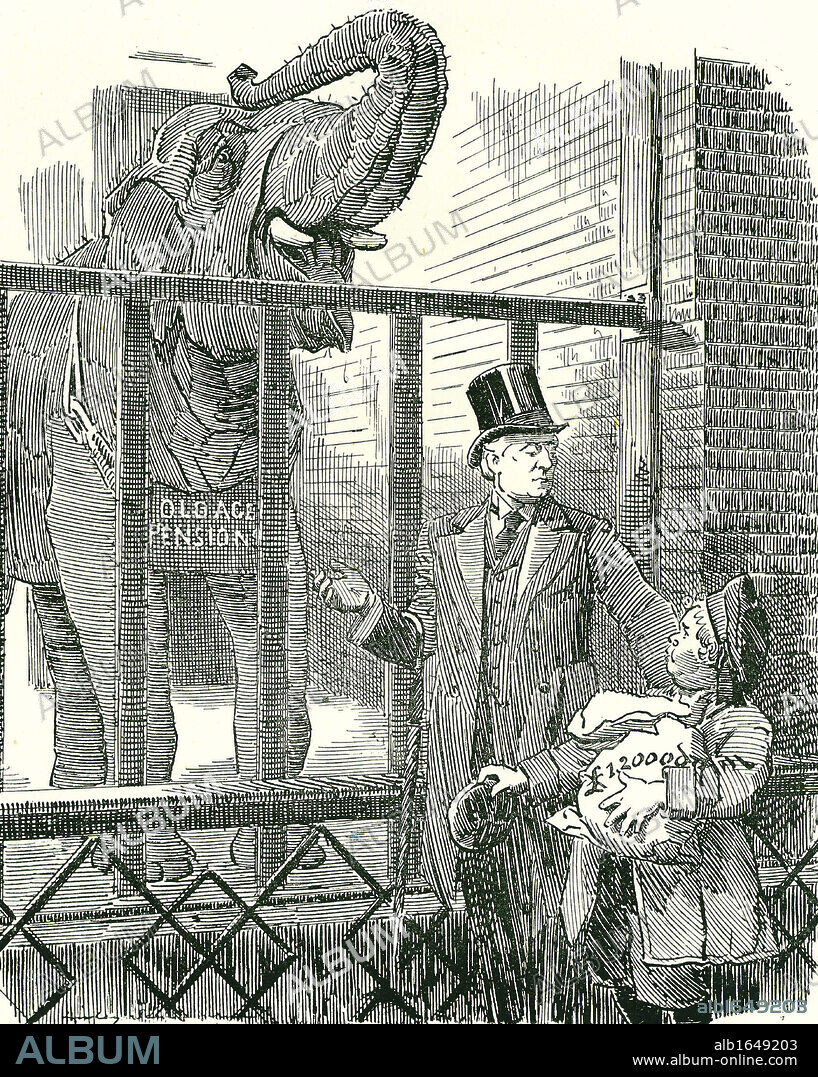 Herbert Asquith, British Liberal Prime Minister, pointing out to John Bull junior just how much the Old Age Pension will cost. Cartoon from 'Punch', London, 13 May 1908.