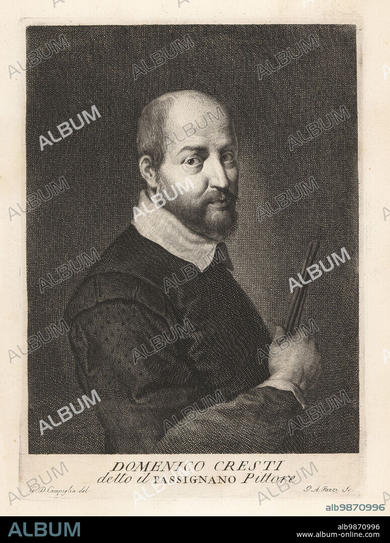 Domenico Crespi, Italian painter of the late-Renaissance and Counter-Maniera, 1559-1638. Known as il Passignano. Depicted holding paint brushes. Pittore. Copperplate engraving by Pietro Antonio Pazzi after Giovanni Domenico Campiglia after a self portrait by the artist from Francesco Moucke's Museo Florentino (Museum Florentinum), Serie di Ritratti de Pittori (Series of Portraits of Painters) stamperia Mouckiana, Florence, 1752-62.