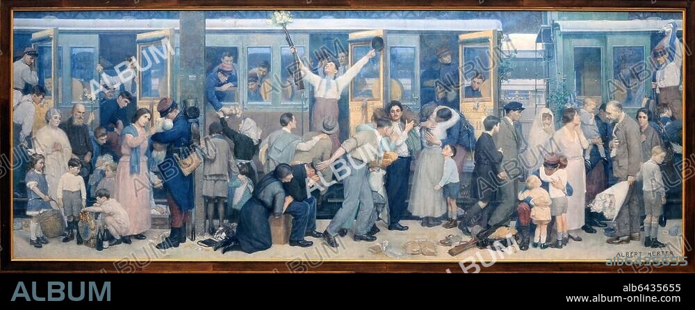 Paris (France), 10.Arr., Gare de l'Est, station hall.-"Le départ des Poilus-Août 1914" (departure of soldiers to the front, August 1914).-Painting, 1926, by Albert Herter (1871-1950). Photo, 2010.
